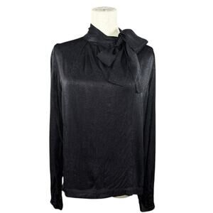 Topshop Black Satin Tie-Neck Blouse Snakeskin Jacquard Finish Officewear 4